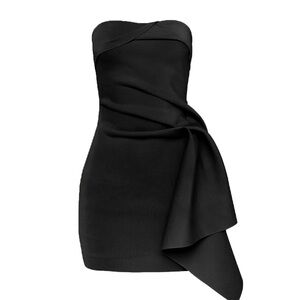 Strapless Black Asymmetric Drape Mini Dress